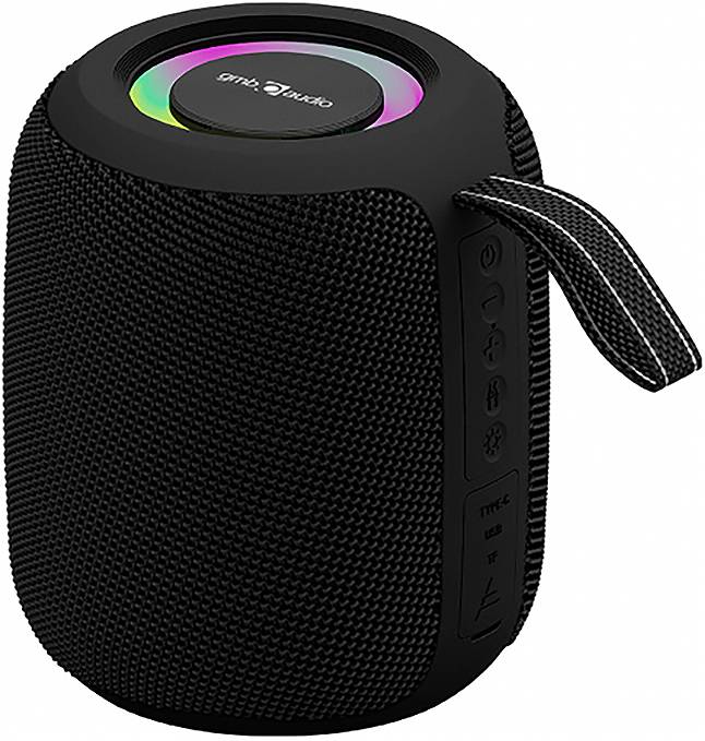 Tragbarer Lautsprecher mit schwarzem Gehäuse und RGB-LED-Lichtern oben; hat eine Trageschlaufe und Bedienelemente seitlich.