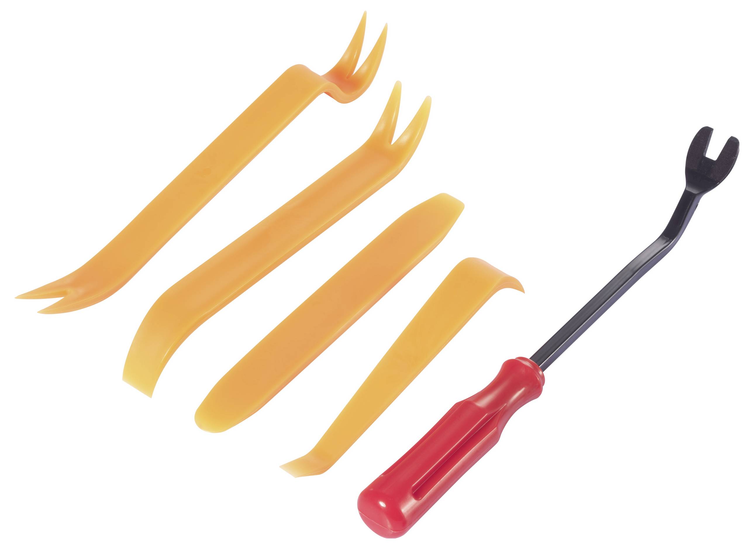 Ein Set aus fünf orangenen Kunststoff-Demontagewerkzeugen und einem schwarzen Metallwerkzeug mit rotem Griff, verwendet für Autofahrzeugverkleidungen.