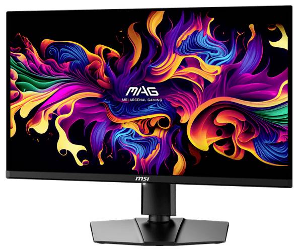 Ein Monitor zeigt ein buntes, abstraktes Kunstwerk mit geschwungenen, leuchtenden Formen auf schwarzem Hintergrund.