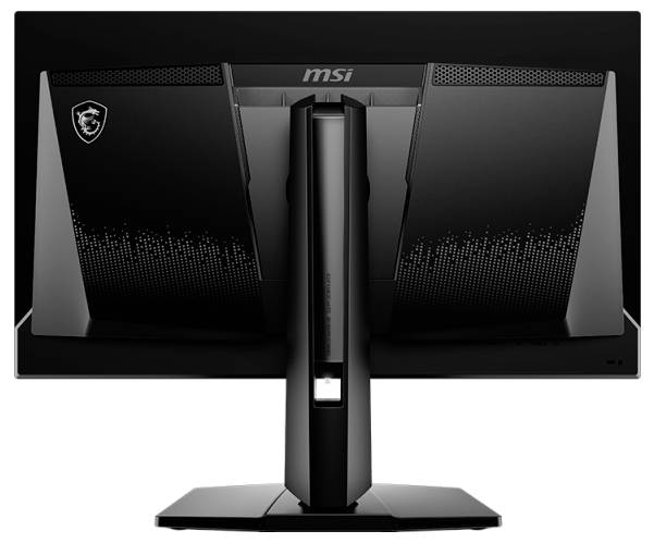 Ein schwarzer Computerbildschirm von hinten, mit dem Markenlogo oben links und prägnanten Designelementen auf der Rückseite.