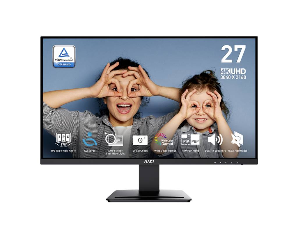 Monitor zeigt zwei Personen, die lachen und eine Brille mit Händen formen. Oben links TÜV-Zertifikat-Symbol, rechts die Auflösung '27 4K UHD 3840 x 2160'.