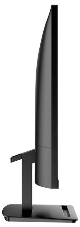 Ein seitlich profilierter schwarzer Computermonitor auf einem rechteckigen Standfuß, der schlank und modern wirkt.