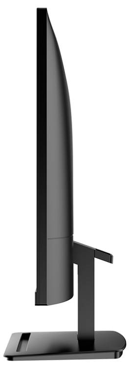 Ein schlanker, schwarzer Computerbildschirm im Profil gezeigt; moderner Standfuß, minimalistisch gestaltet.