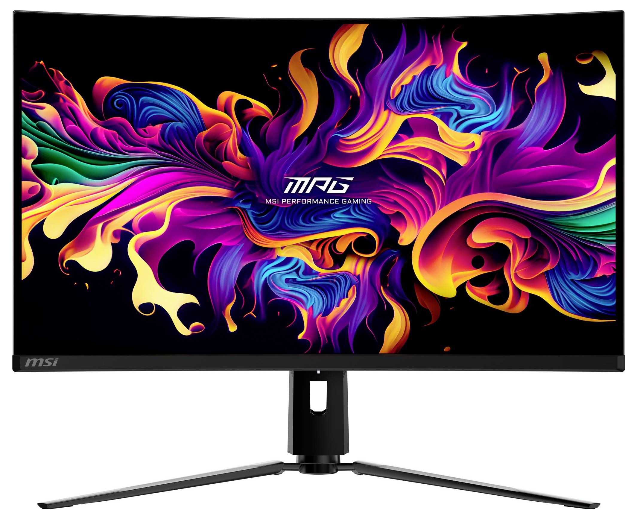 Ein gebogener Monitor zeigt ein lebendiges, abstraktes Muster in leuchtenden Farben.