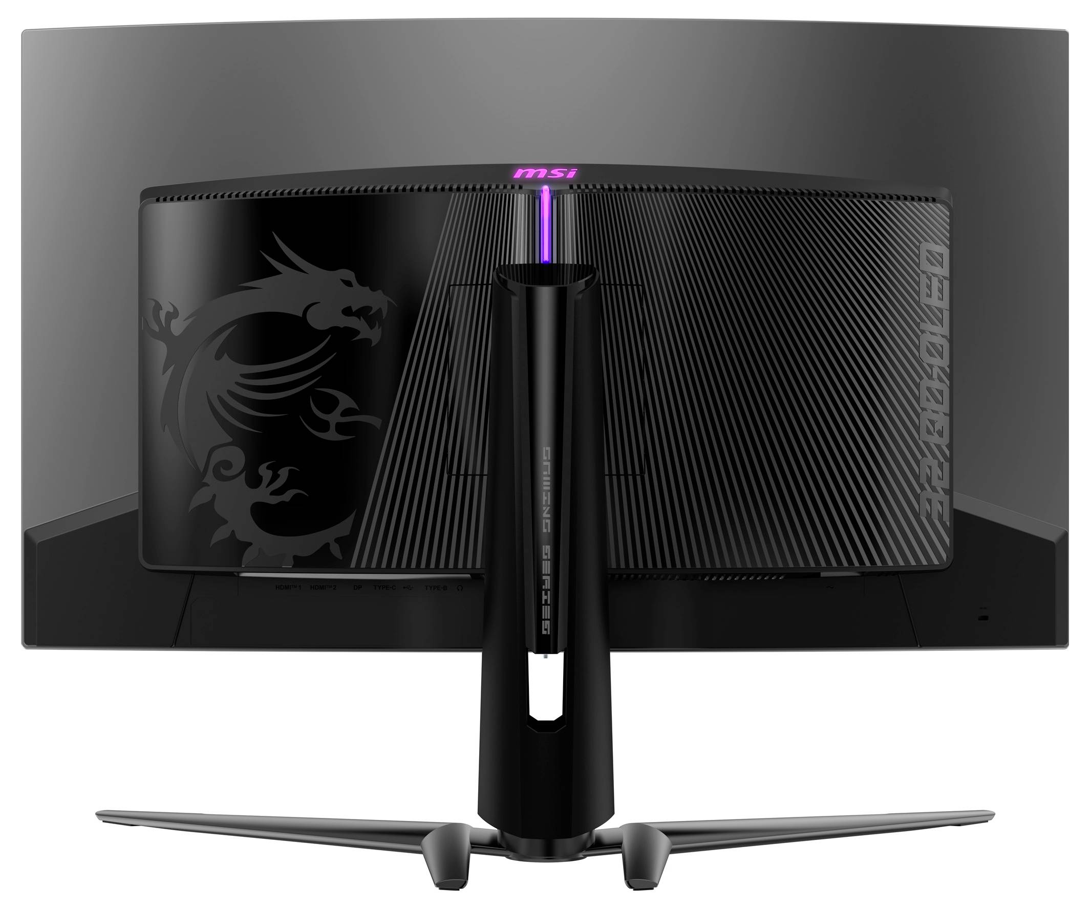 Rückansicht eines schwarzen Computerbildschirms mit gebogenem Design und violettem Licht, zentriertes Markenlogo oben.