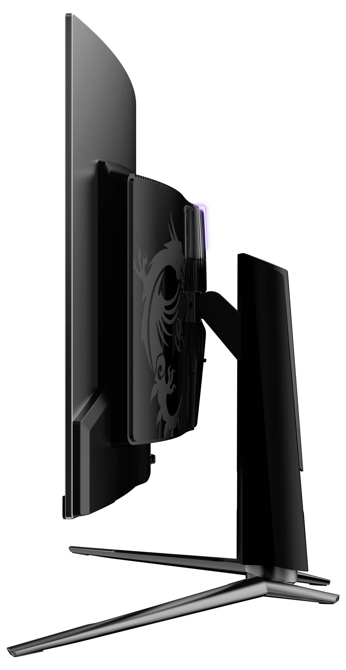 Seitenansicht eines modernen, schwarzen Computerbildschirms mit schlankem Standfuß und einem leuchtenden Element auf der Rückseite.