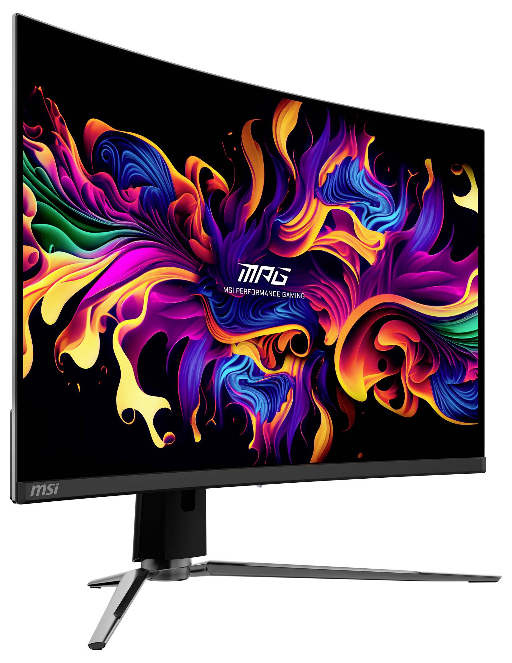 Ein gewölbter MSI Gaming-Monitor mit leuchtendem, buntem abstraktem Kunstbildschirm. Ideal für ein intensives Spielerlebnis.