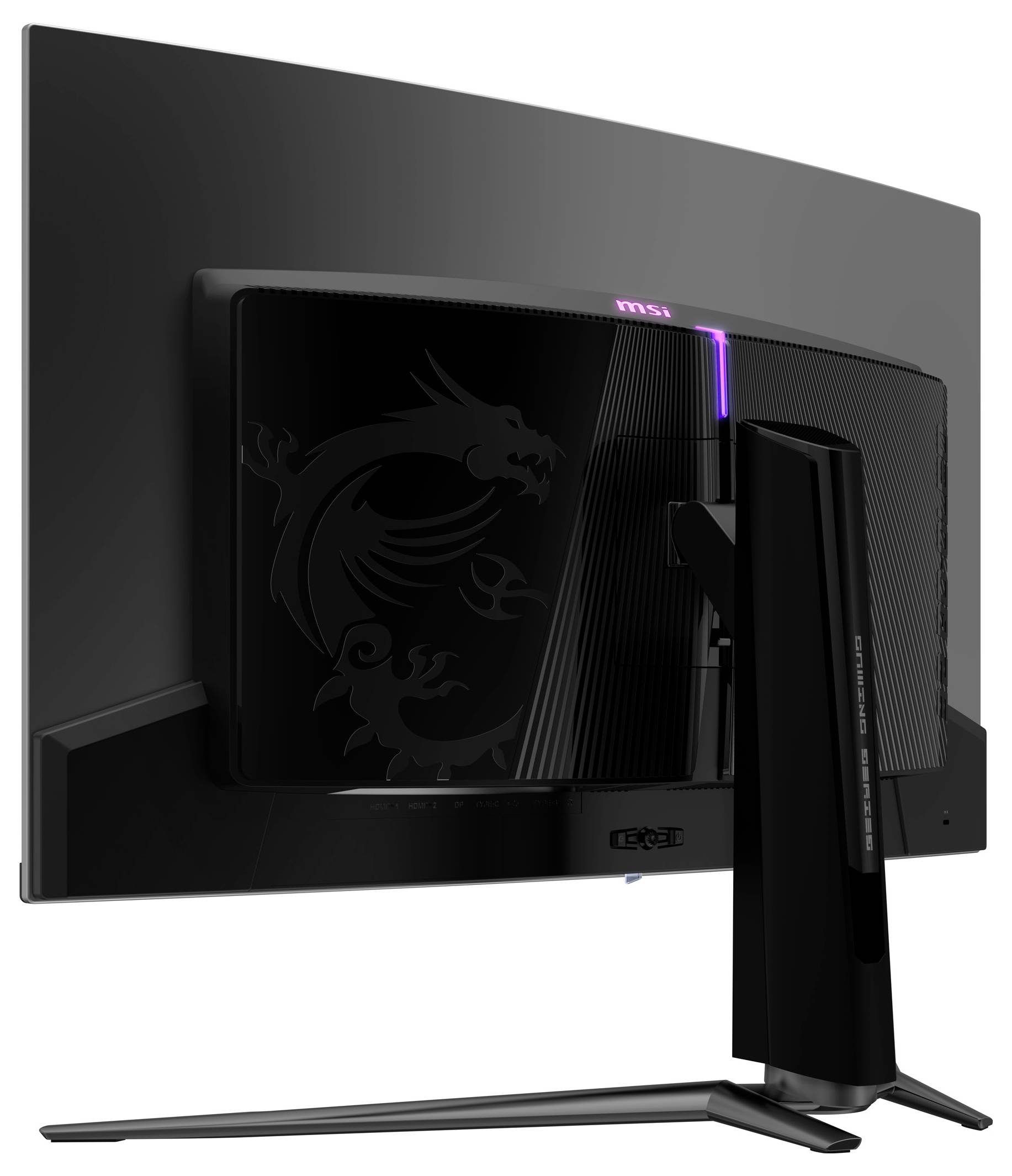 Gaming-Monitor von hinten mit gebogenem Bildschirm, Drachen-Logo und RGB-Beleuchtungsstreifen. Schlanker, stabiler Standfuß.