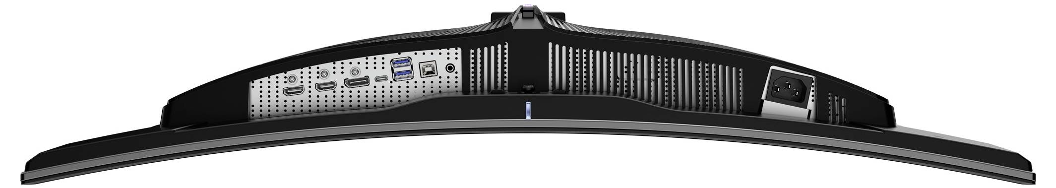 Rückansicht eines gekrümmten Monitors mit verschiedenen Anschlüssen, darunter HDMI, USB und DisplayPort, typischer Anschlussbereich.