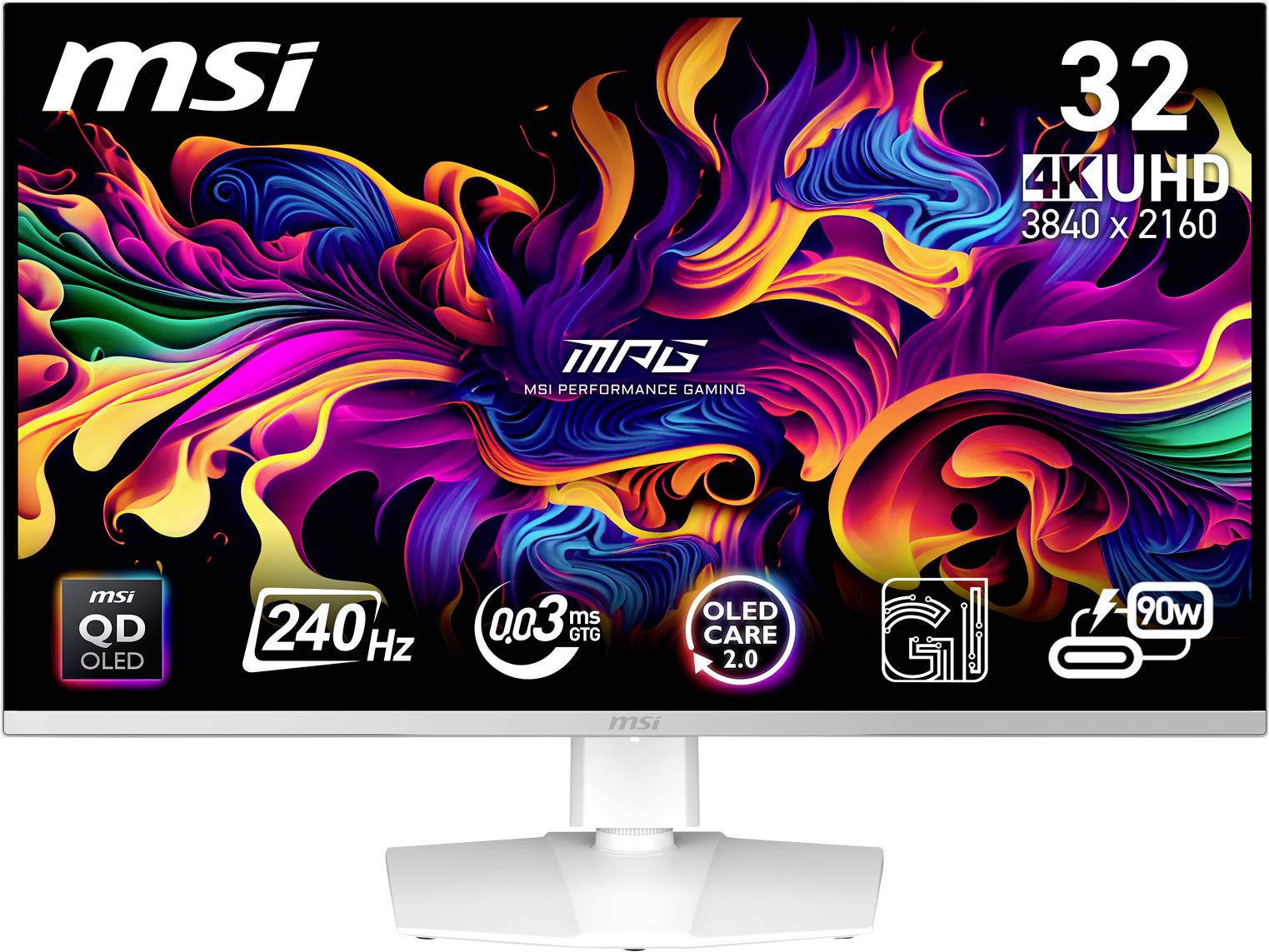 Bild eines MSI 32-Zoll-Monitors mit leuchtendem Farbdisplay, 4K Ultra HD-Auflösung, 240 Hz Bildwiederholrate und verschiedenen Technologie-Icons.