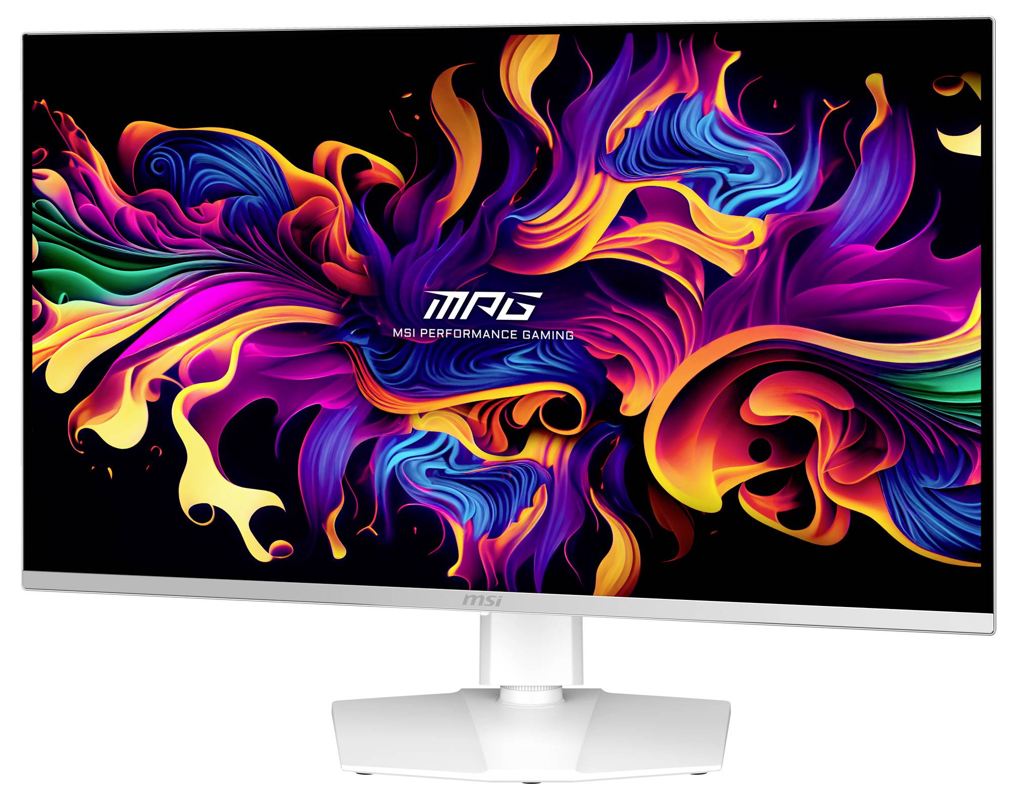 Ein Computermonitor mit einem farbenfrohen, abstrakten Hintergrund in lebendigen Farben, der 'MSI Performance Gaming' zeigt.