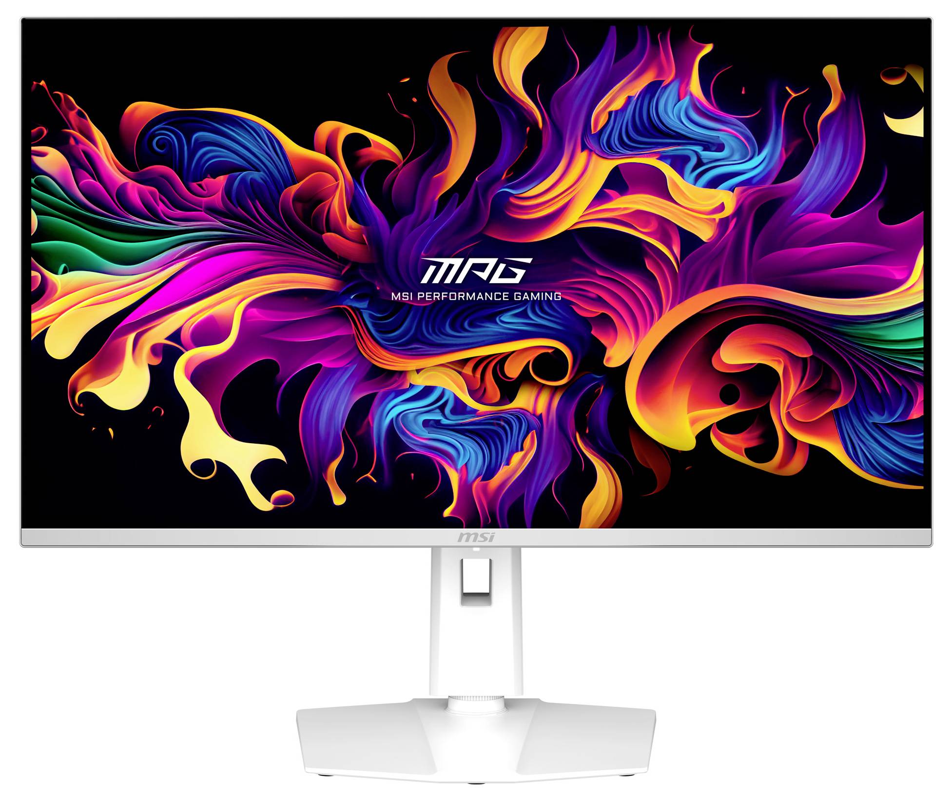 Ein Computermonitor zeigt ein farbenfrohes, abstraktes Design mit wellenförmigen Mustern in Rot, Blau, Orange und Rosa.