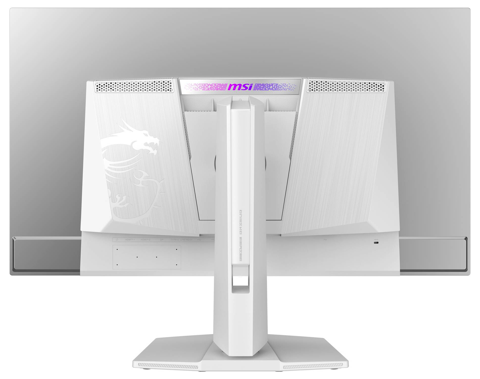 Ein weißer Computerbildschirm von hinten mit Drachen-Logo und MSI-Schriftzug oben.