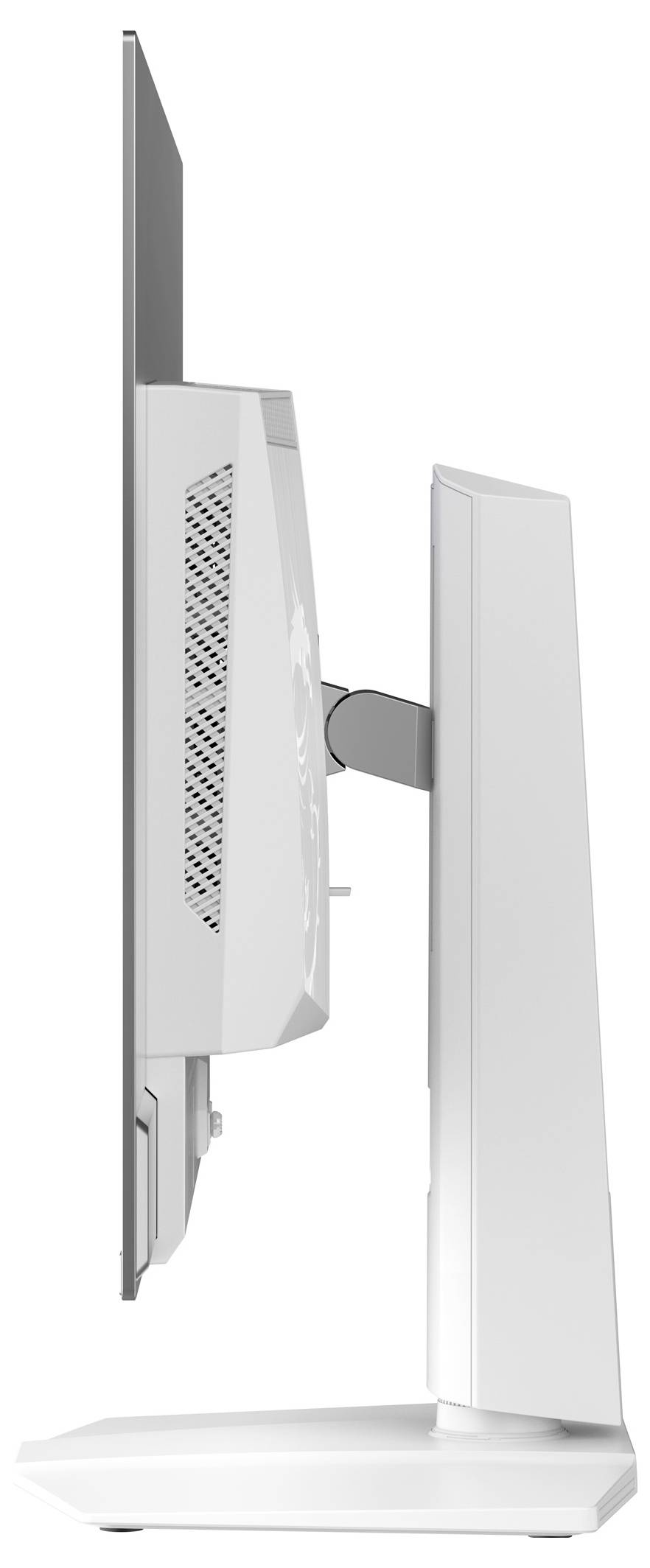 Seitenansicht eines modernen weißen Computermonitors mit einem schlanken Design und einem stabilen, rechteckigen Standfuß.