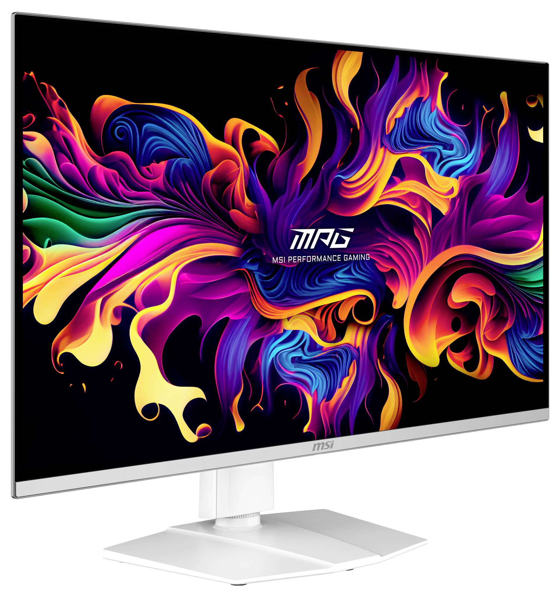 Ein Computermonitor mit einem lebhaften, farbenfrohen abstrakten Design auf dem Bildschirm, das leuchtende Wellen in verschiedenen Farben zeigt.