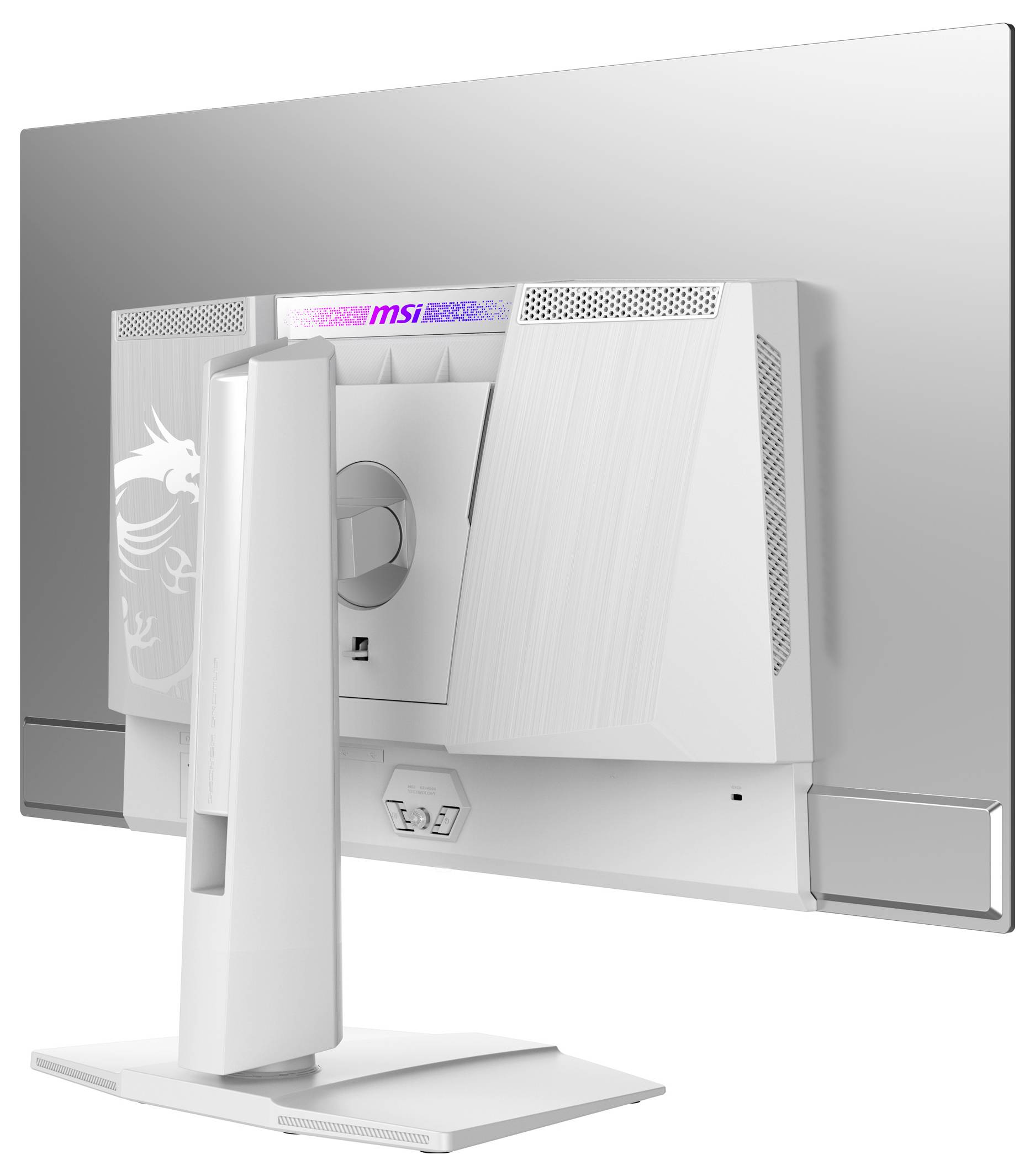 Ein weißer MSI-Monitor von hinten, auf einem Standfuß. Er hat Lüftungsschlitze und ein leuchtendes MSI-Logo oben.