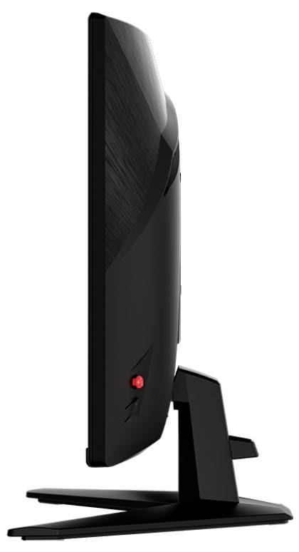 Ein schlanker, seitlich fotografierter Computerbildschirm auf einem stabilen Standfuß.