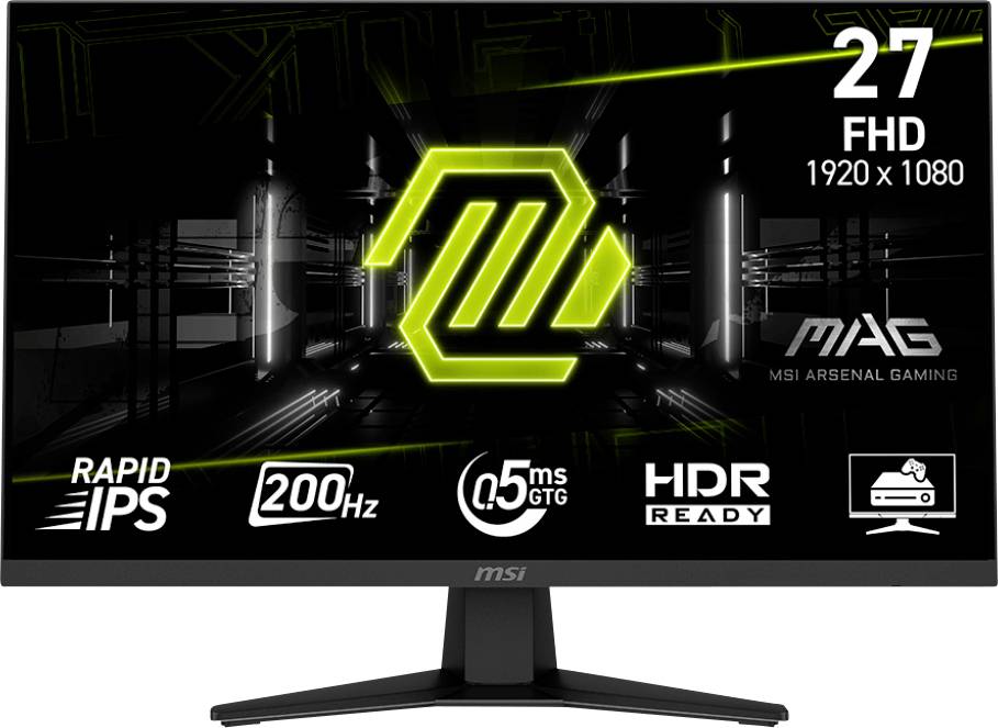 Bild eines 27-Zoll-MSI-Gaming-Monitors mit folgenden Spezifikationen: FHD 1920x1080, Rapid IPS, 200 Hz, 0,5 ms GTG, HDR-bereit.