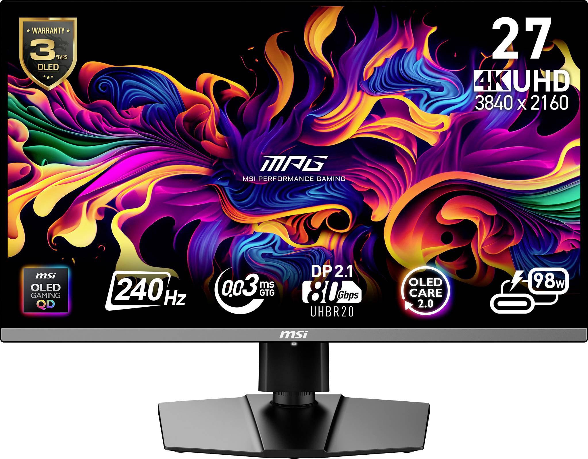 Ein 27-Zoll-Monitor von MSI zeigt bunte abstrakte Kunst. Text auf dem Bildschirm beschreibt technische Spezifikationen wie 4K UHD und 240 Hz.