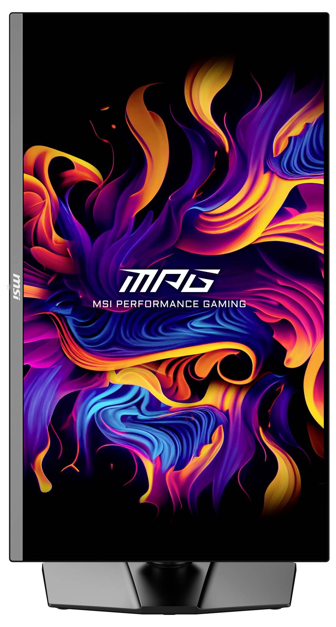 Ein Computerbildschirm zeigt ein farbenfrohes, abstraktes Muster mit den Worten 'MSI Performance Gaming' in der Mitte des Bildes.