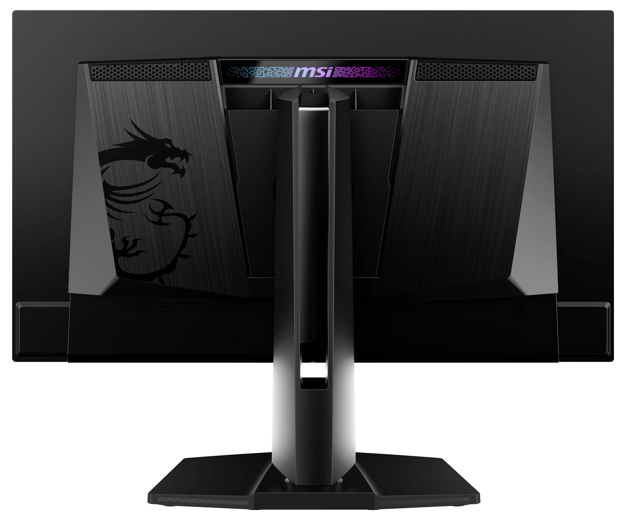 Rückseite eines Gaming-Monitors mit LED-Leiste oben. Drachenmotiv auf der linken Seite. Marke 'MSI' mittig platziert.