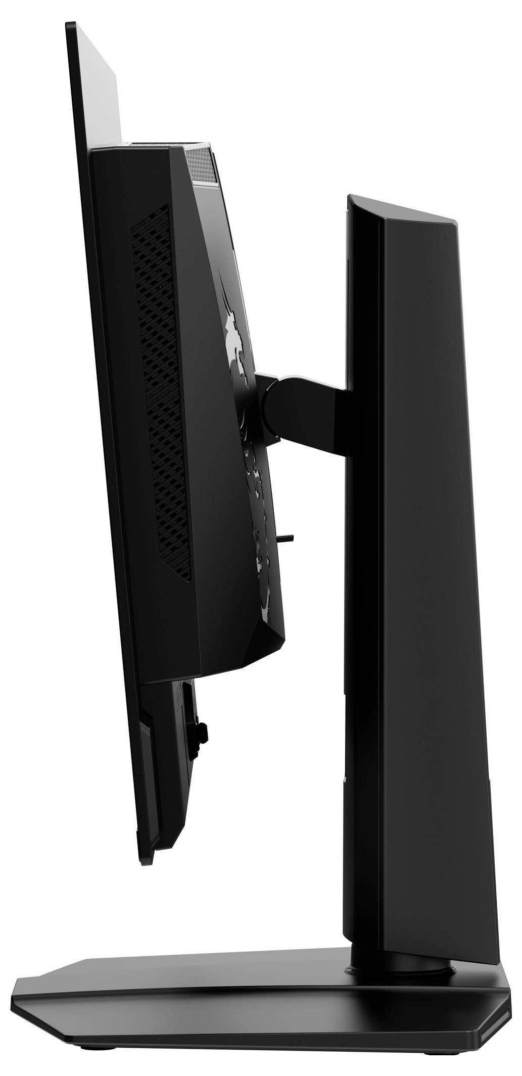 Ein schwarzer Computermonitor von der Seite, zeigt das schlanke und moderne Design mit stabilem Standfuß.