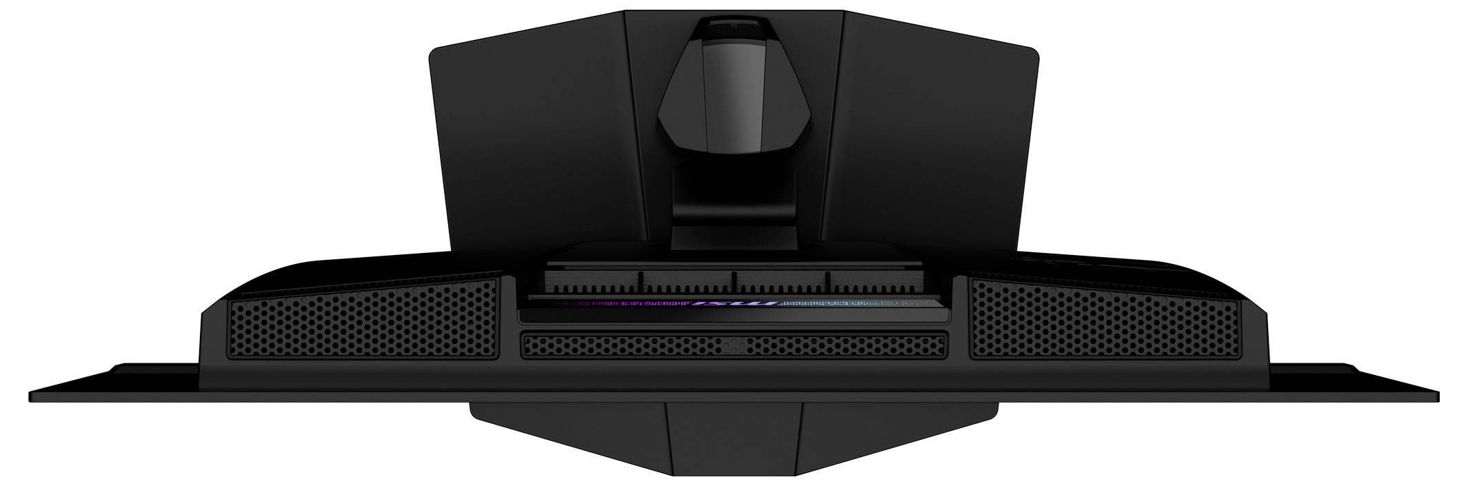 Eine schwarze Gaming-Monitor-Rückseite mit RGB-Beleuchtung und einem robusten Ständer.