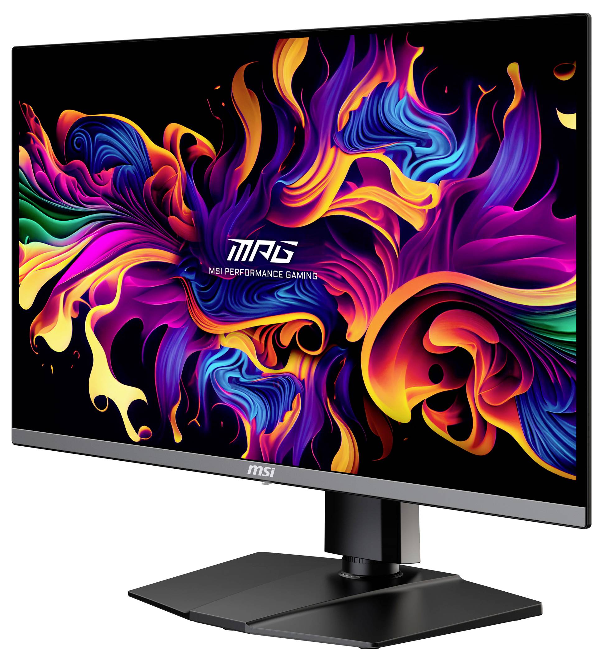 Ein moderner Gaming-Monitor mit lebendiger, abstrakter Grafik in leuchtenden Farben auf dem Bildschirm.