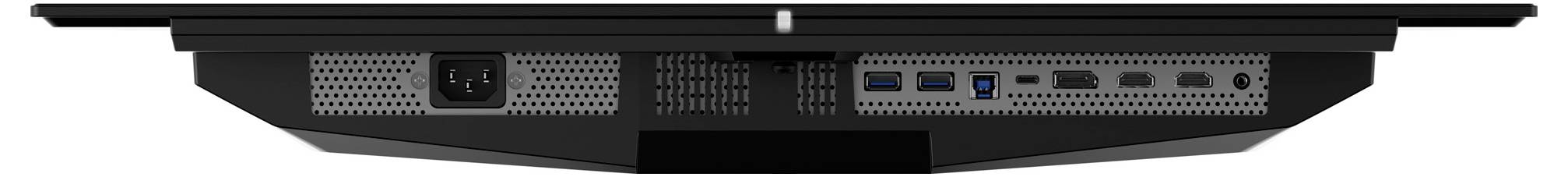 Rückansicht eines Monitors mit verschiedenen Anschlüssen: HDMI, USB, Audio. Das Design ist schlank und modern.