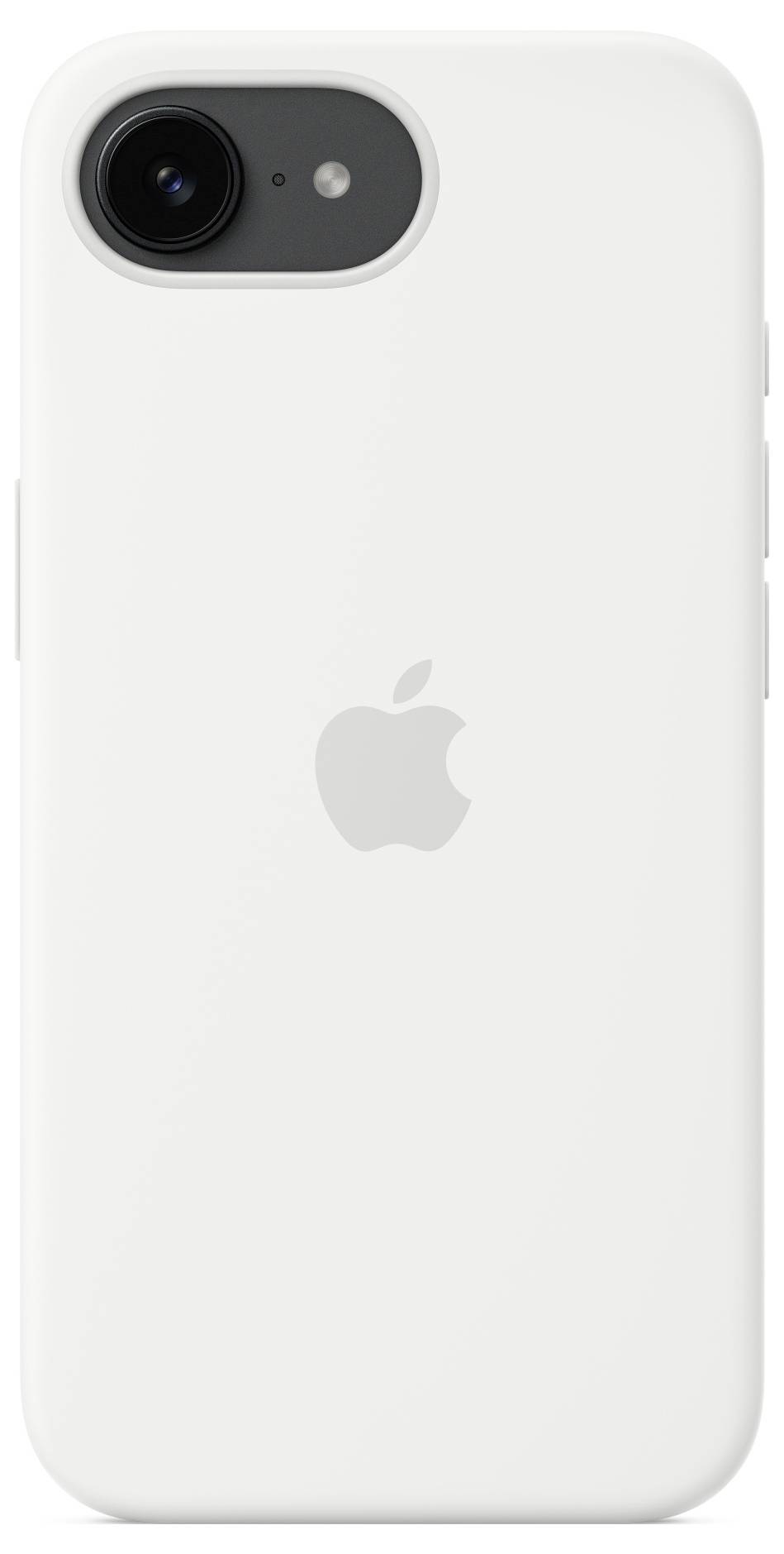 Smartphone in weißer Hülle mit Apfel-Logo auf der Rückseite, Kamera in der linken oberen Ecke.