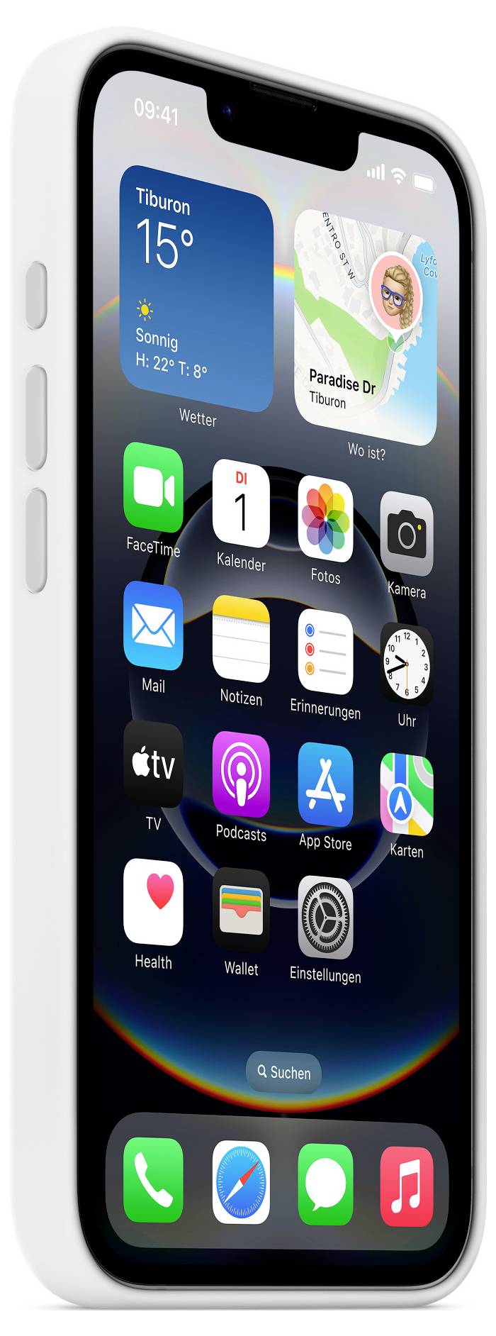 Ein modernes Smartphone zeigt den Startbildschirm mit Uhrzeit 09:41, Wetter 15°C sonnig, und mehreren App-Symbolen wie Telefon und Nachrichten.