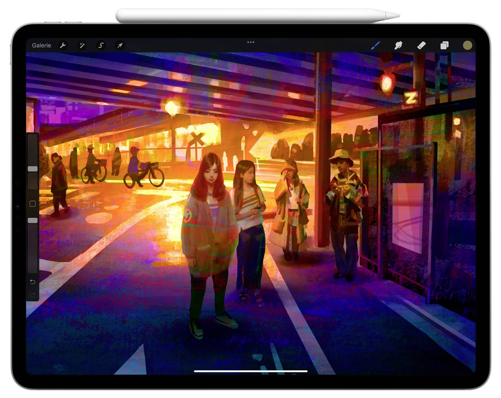 Eine digitale Zeichnung zeigt Personen unter einer urbanen Brücke bei Sonnenuntergang. Die Lichtsituation erzeugt dramatische Schatten und bunte Reflexionen.