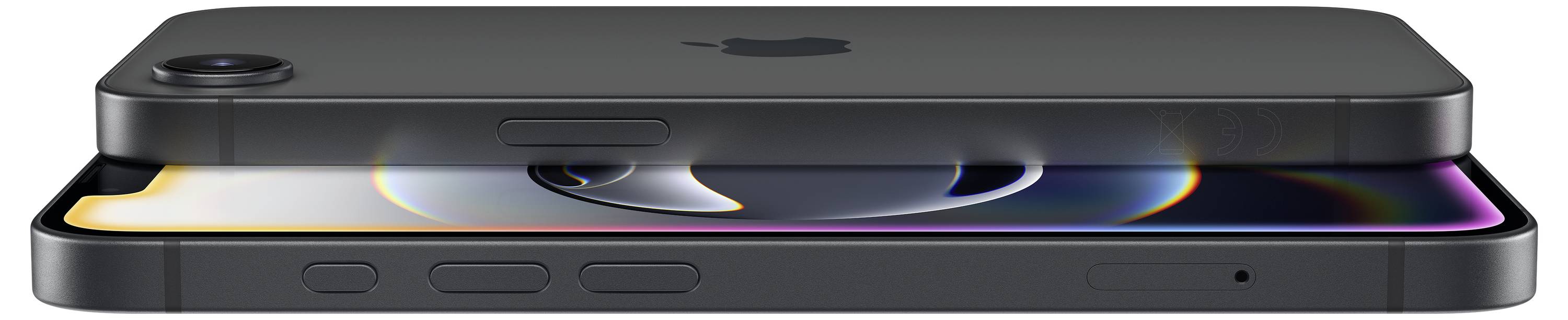 Ein modernes Smartphone mit flachem Design in seitlicher Perspektive, zeigt das Display und die Rückkamera.