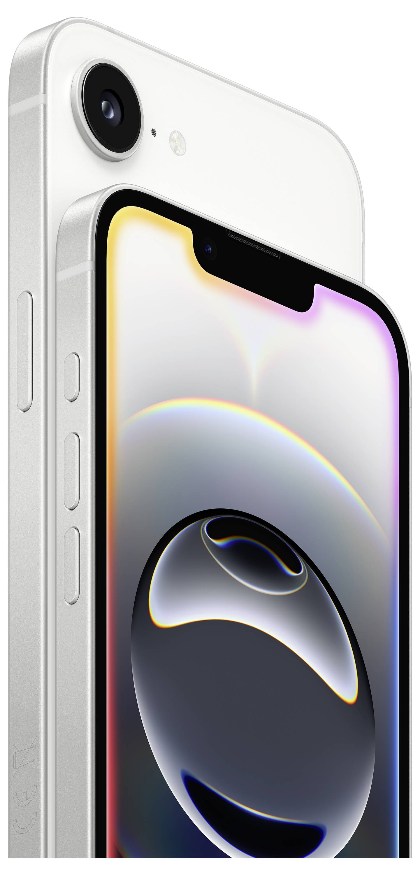 Zwei weiße Smartphones übereinander, zeigen die Rückansicht mit Kamera und die Vorderansicht mit Bildschirm, der bunte Grafiken anzeigt.