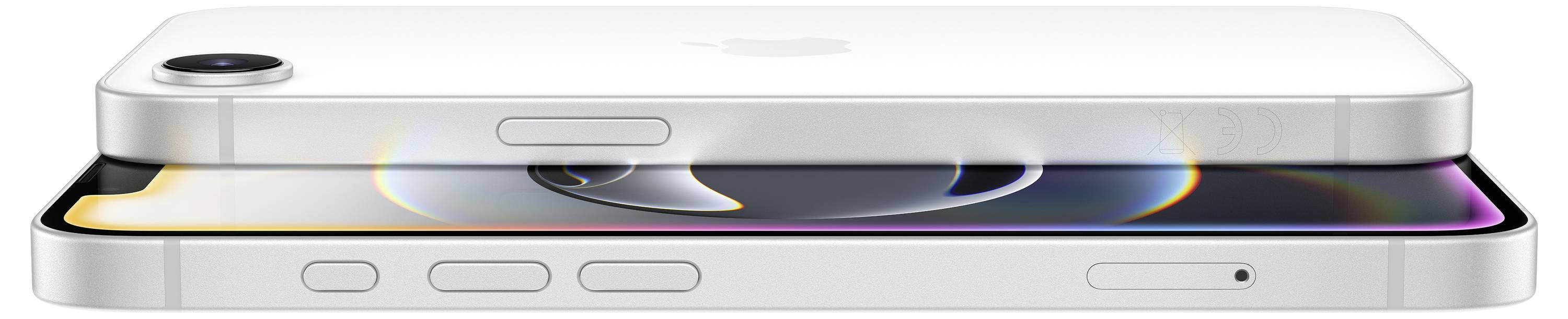 Zwei weiße Smartphones mit glattem, schlankem Design, übereinander liegend. Die Seiten zeigen Knöpfe und SIM-Kartenfach.