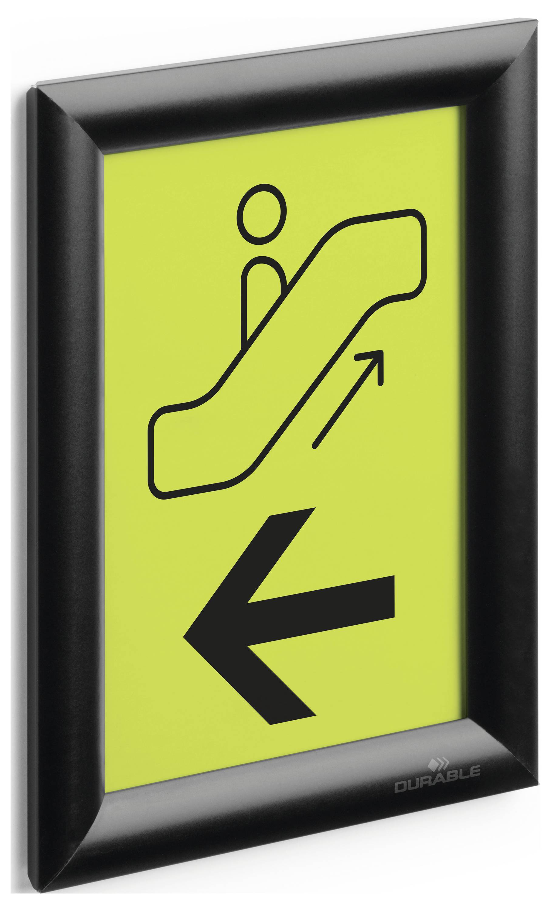 Hinweisschild zur Rolltreppe nach oben mit einem Pfeil, der nach links zeigt.