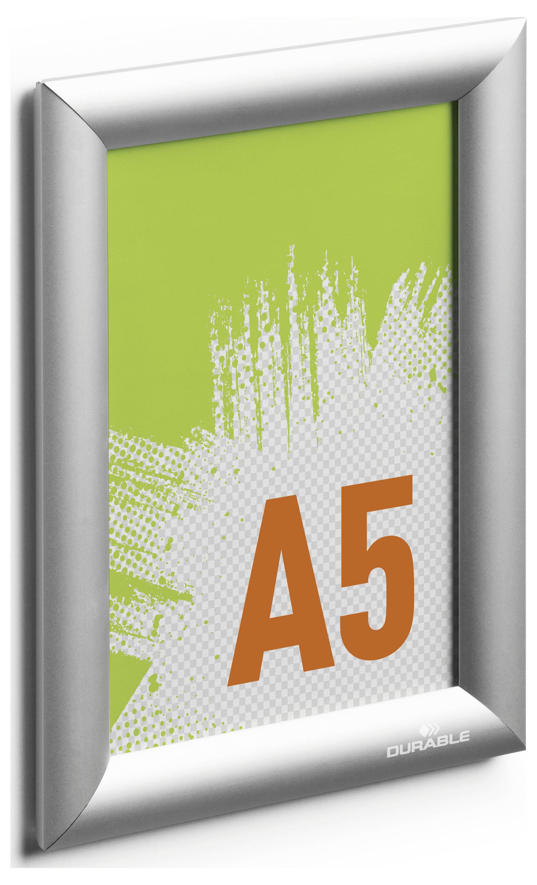 Silberner A5-Bilderrahmen mit grünem Hintergrund und orangener Aufschrift 'A5' im unteren rechten Bereich.