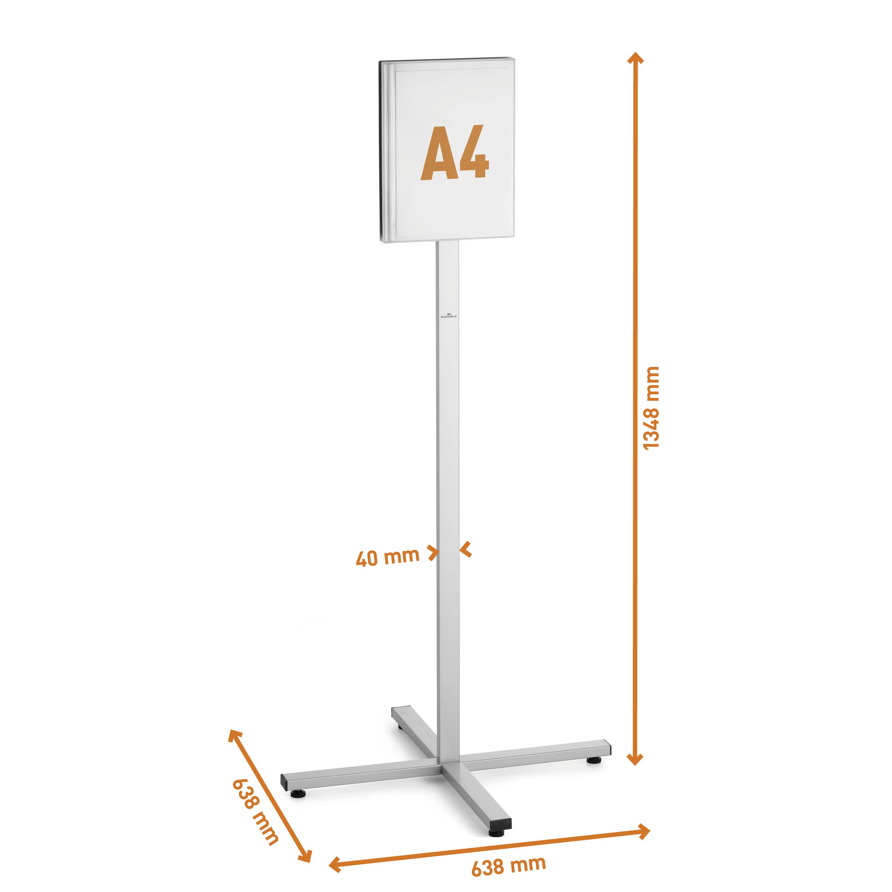 Bodendisplay mit quadratischem Fuß, 1348 mm hoch. Enthält einen A4-Rahmen mit 40 mm Tiefe. Geeignet für Präsentationen oder Werbung.