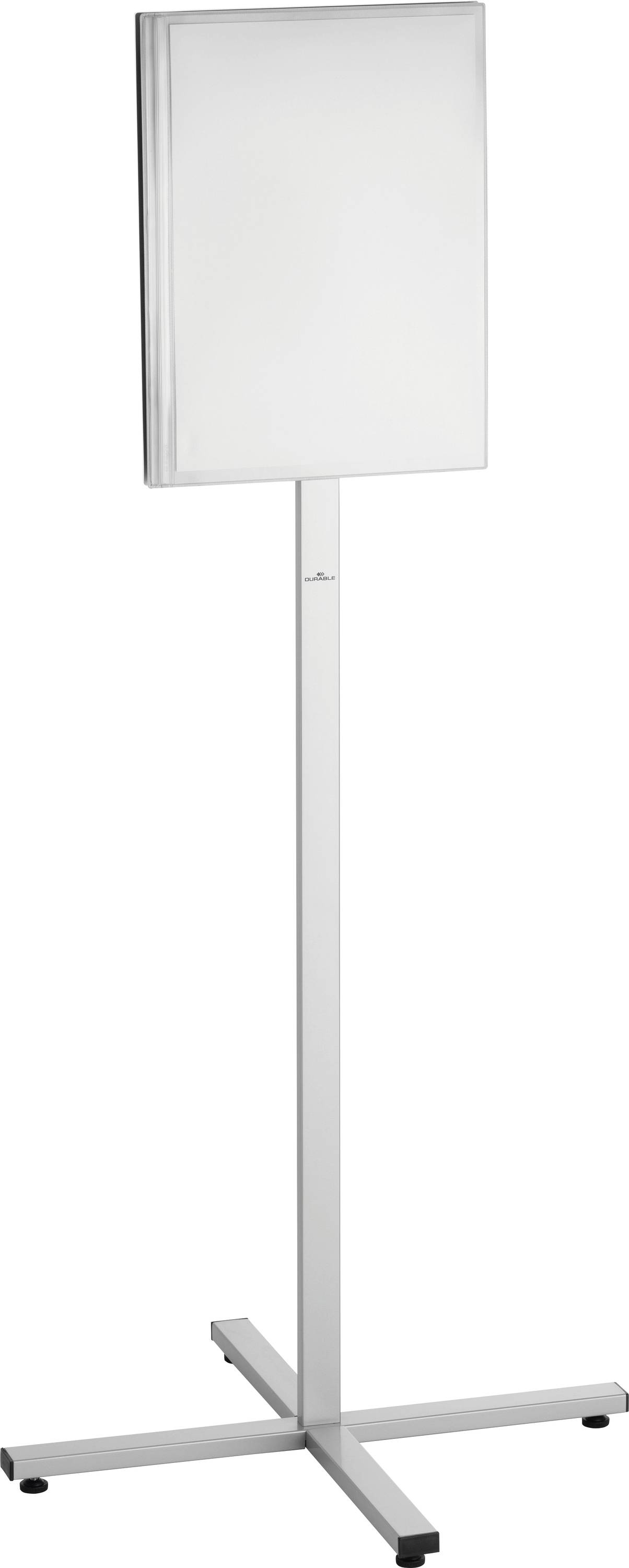 Ein silberner Ständer mit einem leeren, hochkant platzierten Posterrahmen. Ideal für Ankündigungen oder Informationen in öffentlichen Bereichen.