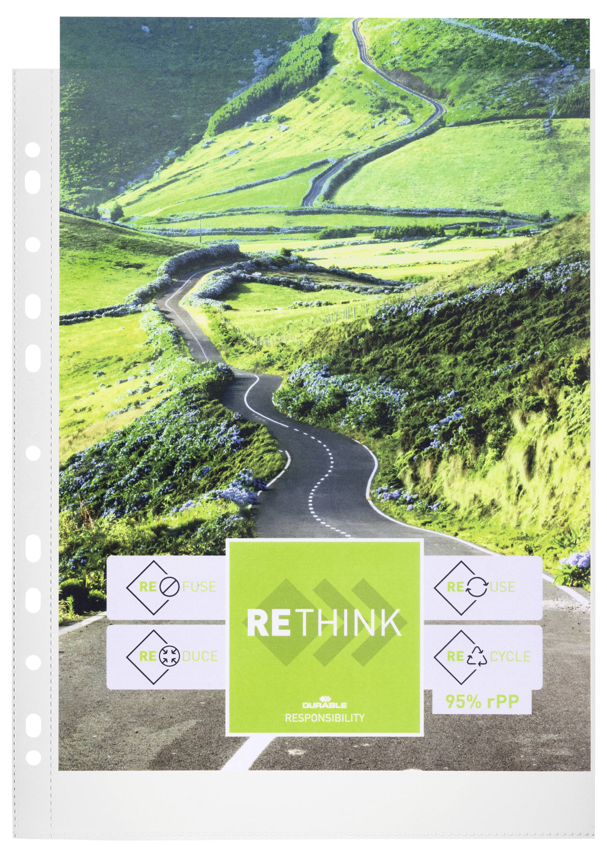 Ein kurviger Weg führt durch eine grüne Hügellandschaft. Text unten zeigt 'RETHINK' mit Symbolen: 'REFUSE', 'REDUCE', 'RECYCLE', 95% rPP.