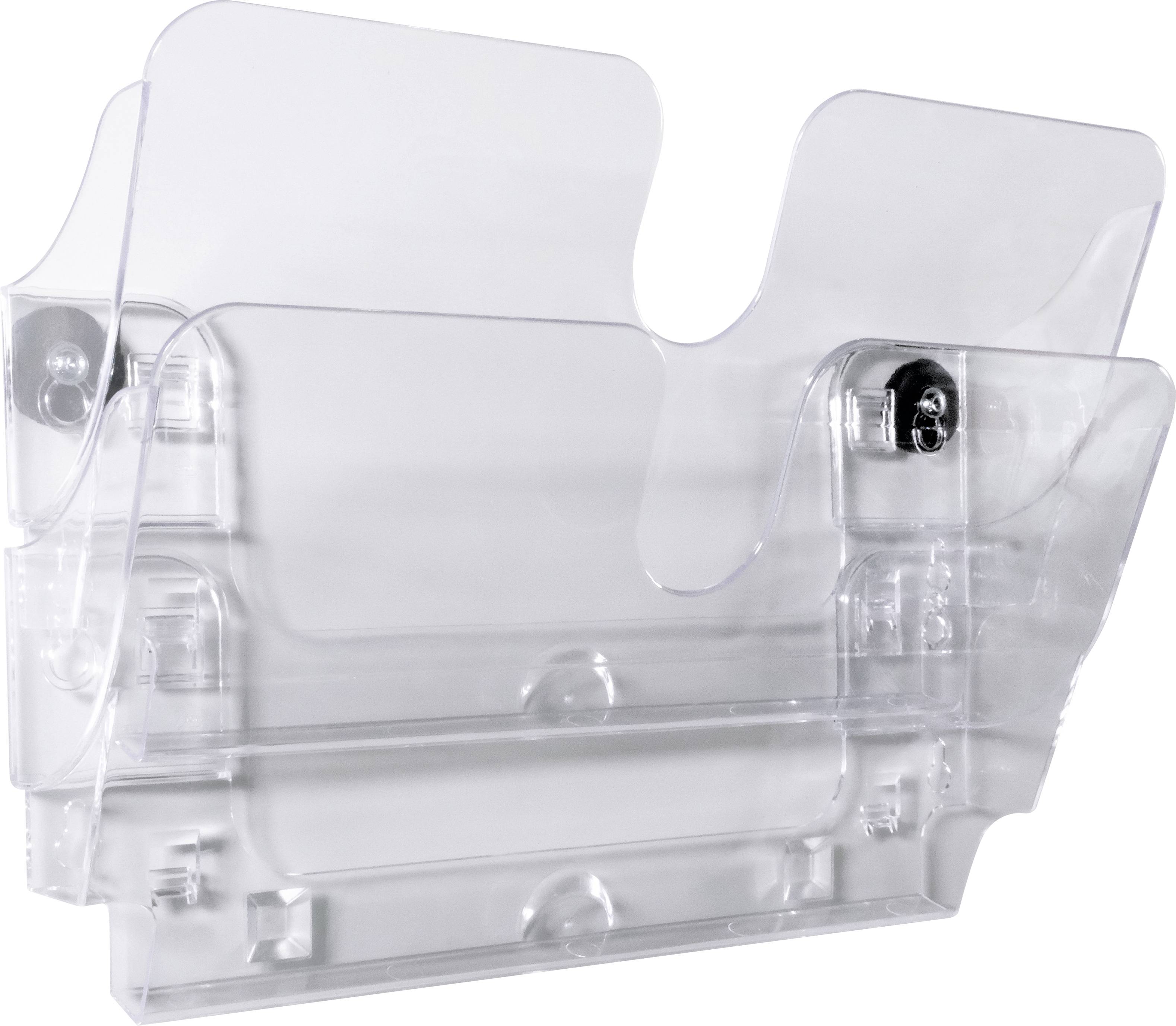 Ein durchsichtiger, stapelbarer Zeitschriftenhalter aus Kunststoff mit zwei Fächern zur Wandmontage. Ideal für Büroorganisation.