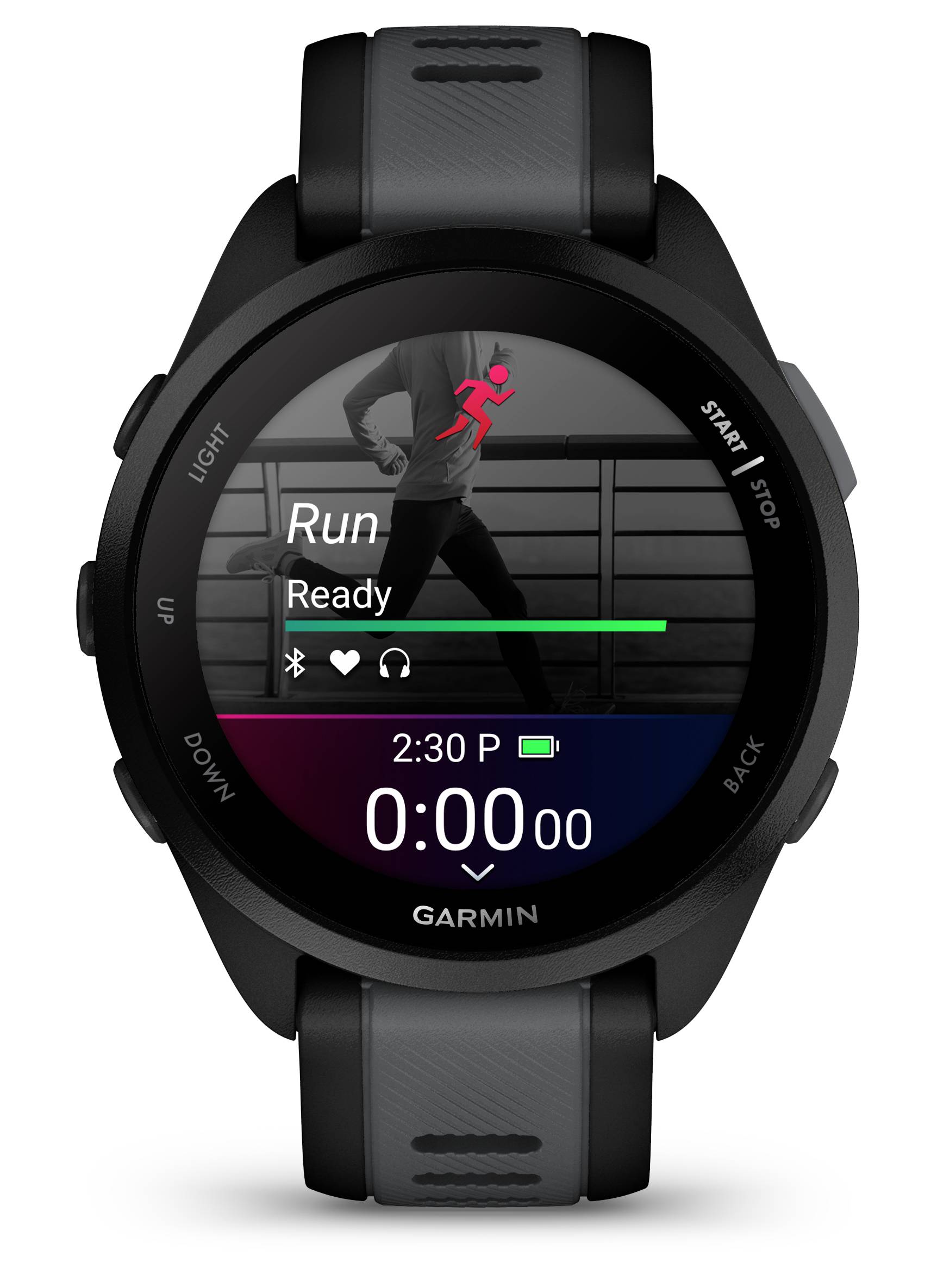Garmin-Uhr mit Lauf-App auf dem Display: Startbildschirm mit Uhrzeit, Herzfrequenz, Verbindungsstatus und Lauffunktion in Bereitschaft.