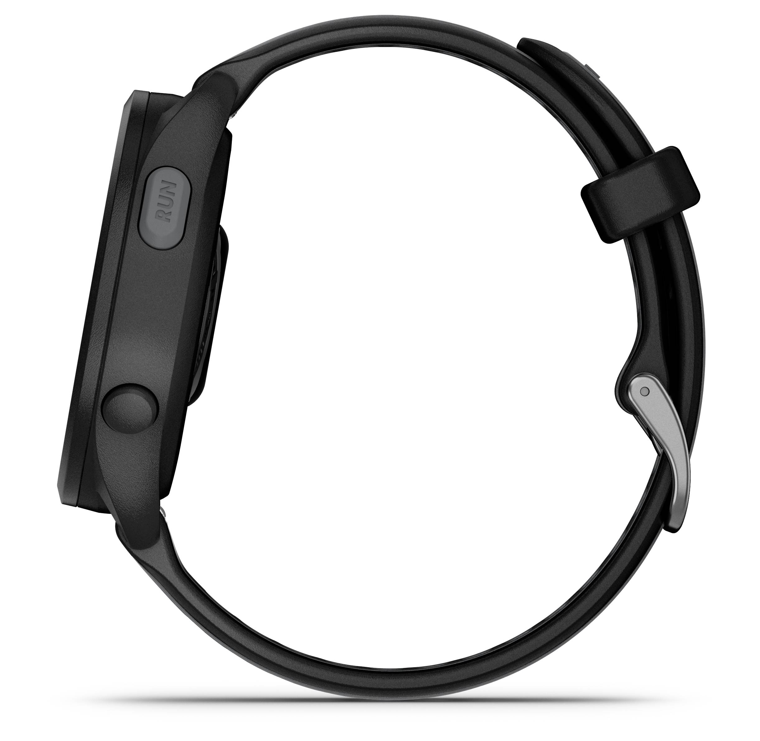 Eine schwarze Sportuhr im Profilansicht. Sie hat ein rundes, flaches Zifferblatt und ein verstellbares Armband mit einer Schnalle.