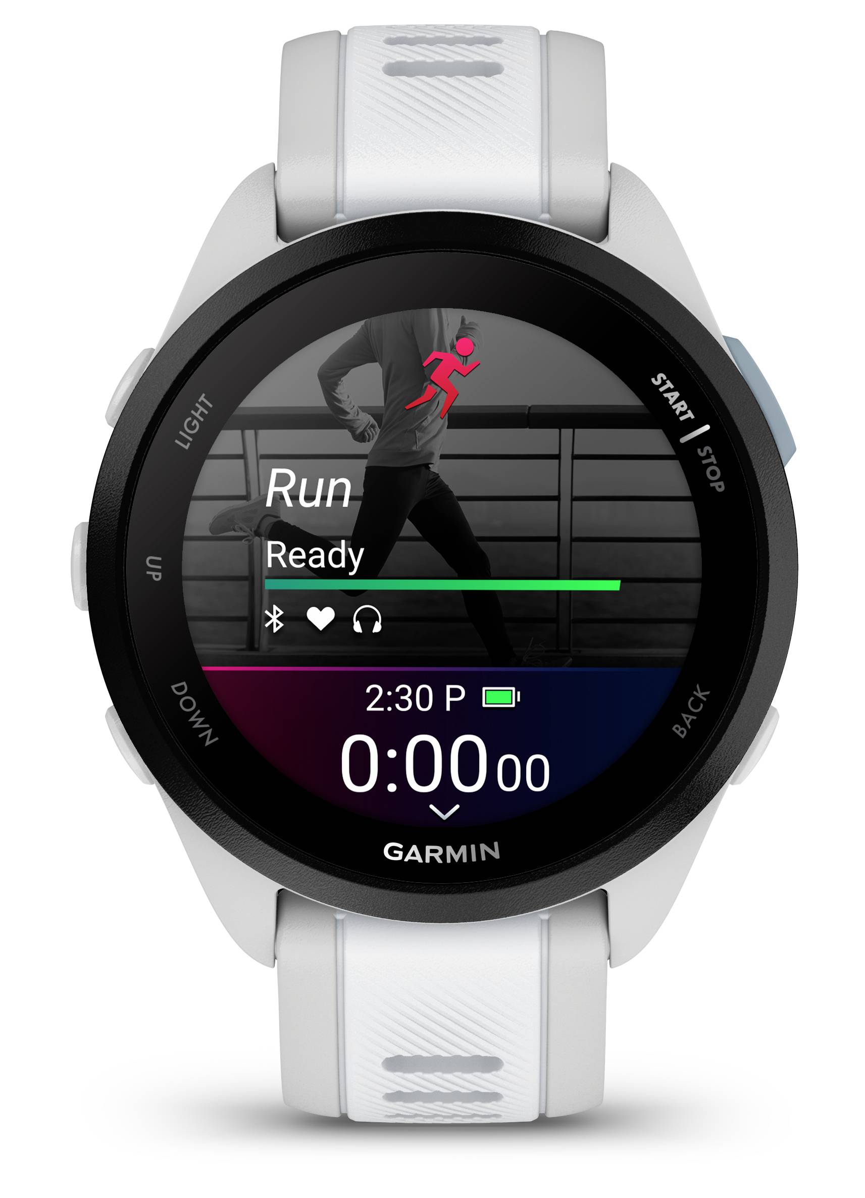 Eine Smartwatch zeigt den Startbildschirm einer Fitness-App mit dem Symbol für Laufen, bereit zum Starten, und zeigt die Uhrzeit 2:30 PM.