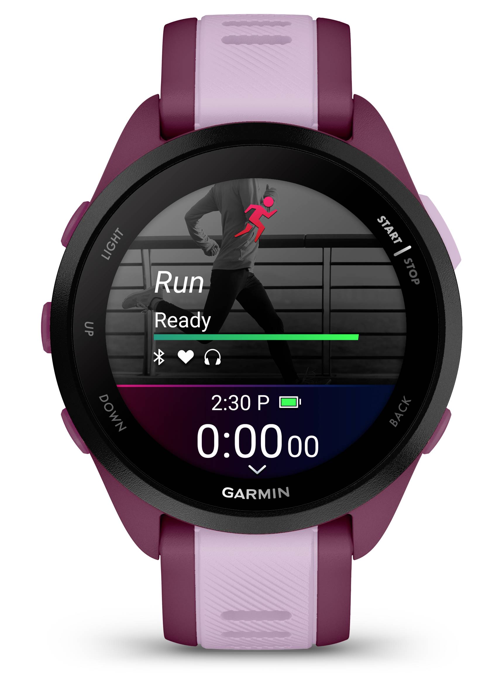 Smartwatch mit lila Armband zeigt 'Run Ready', ein Lauf-Icon, Herzfrequenz und Startzeit 2:30 PM auf dem Display an.