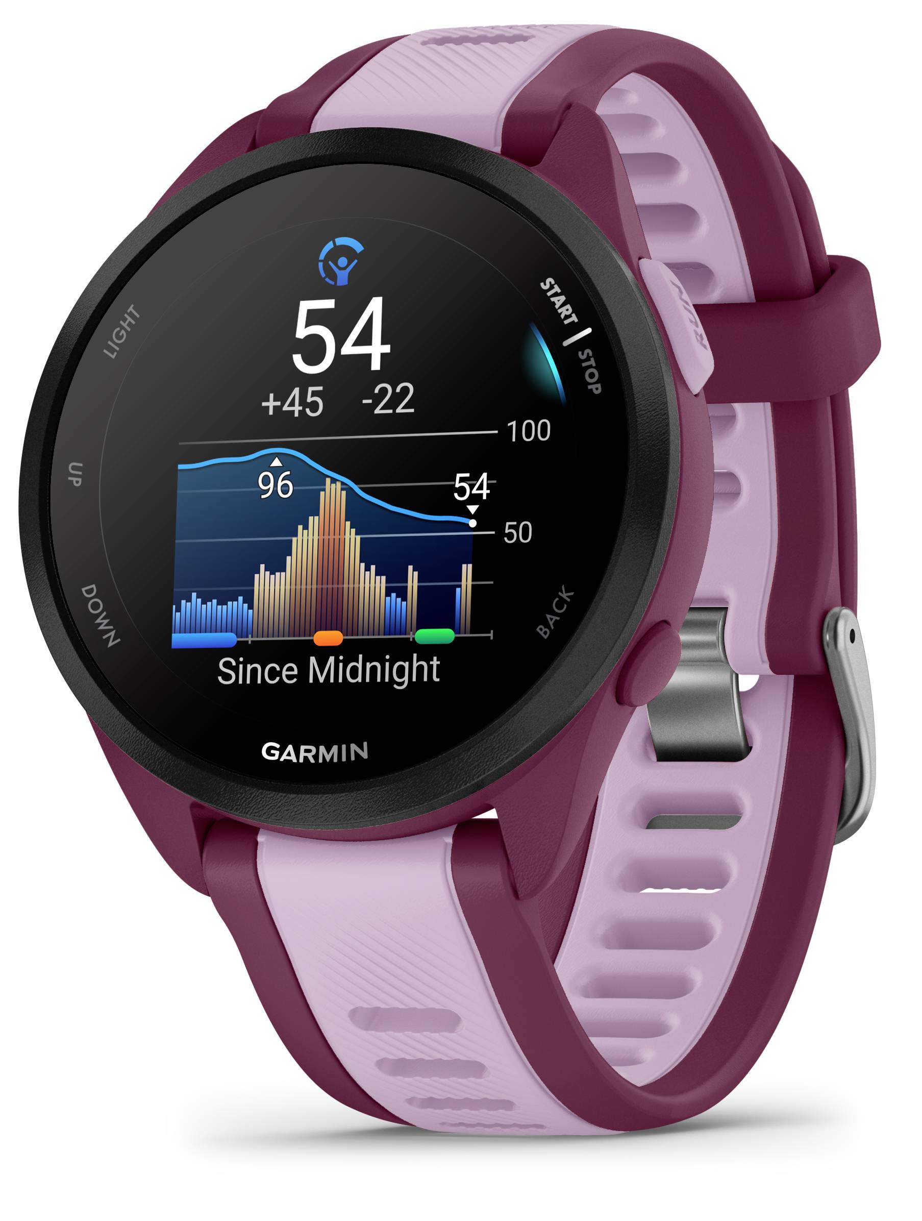 Eine Smartwatch zeigt aktuelle Wetterdaten und Gesundheitsstatistiken auf einem farbigen Display an. Sie ist weinrot mit rosa Akzenten.