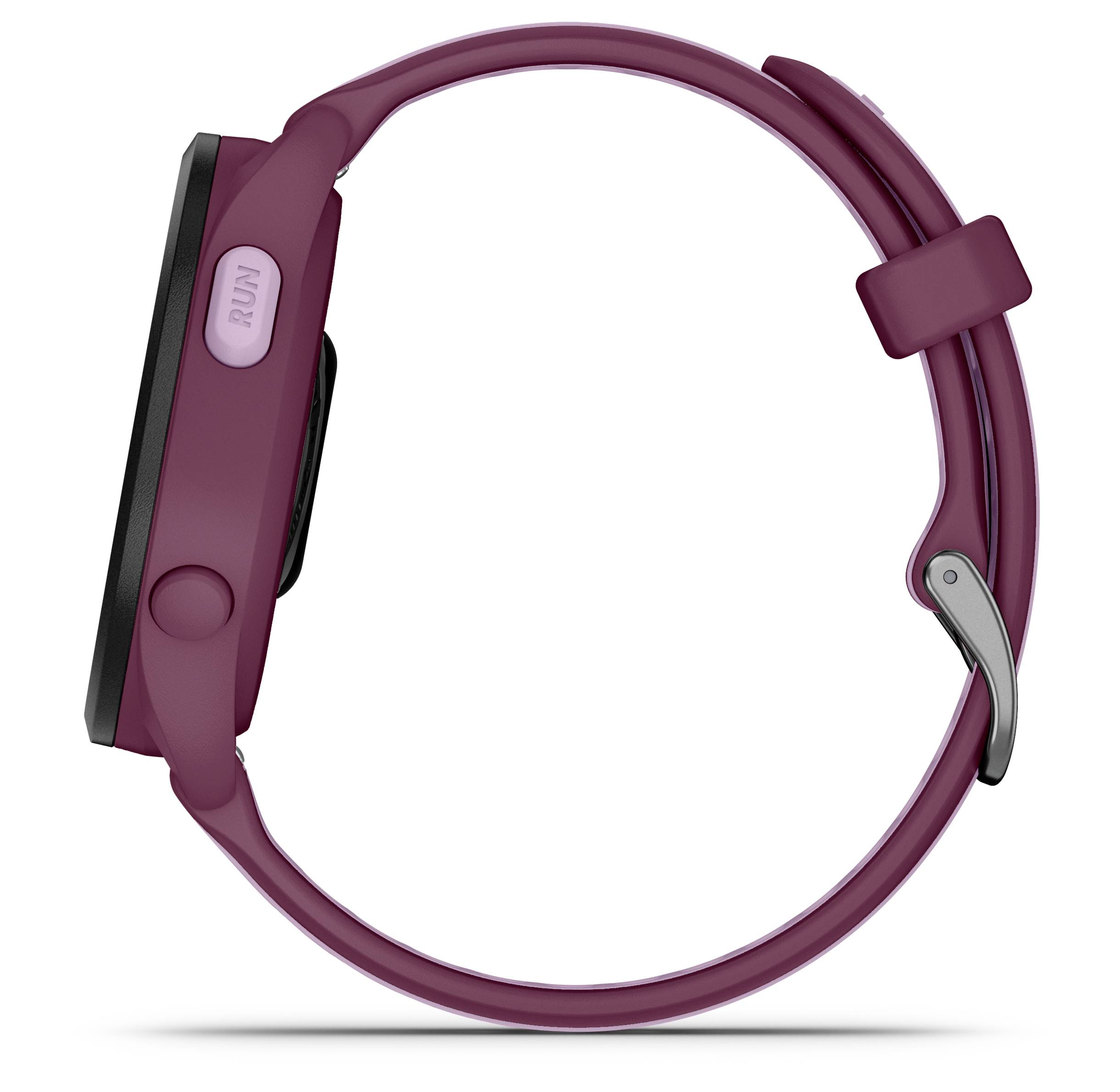 Smartwatch mit einem violetten Armband, seitliche Ansicht mit einem Knopf auf der linken Seite.