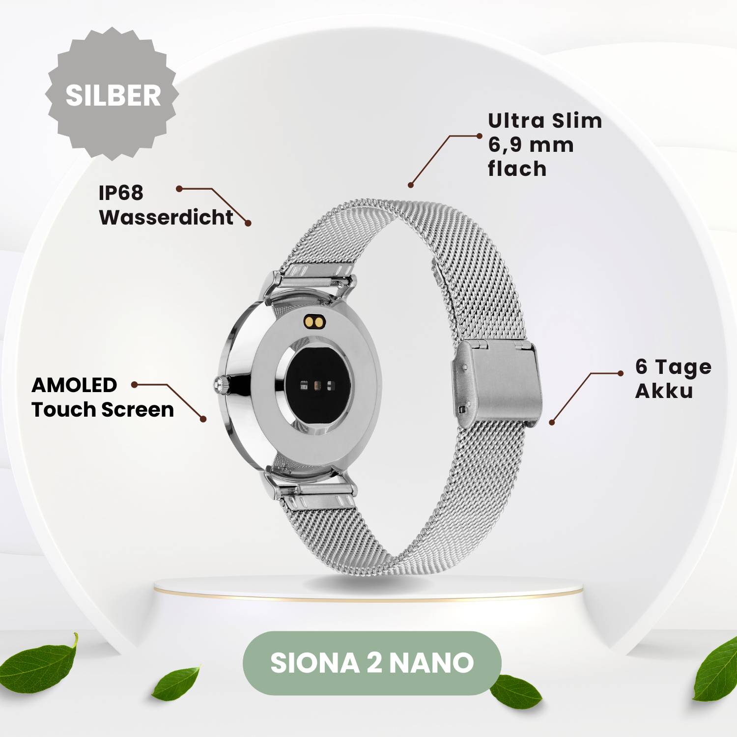 Silberne Smartwatch Siona 2 Nano mit AMOLED-Touchscreen, IP68 wasserdicht, 6,9 mm dünn, 6 Tage Akkulaufzeit.