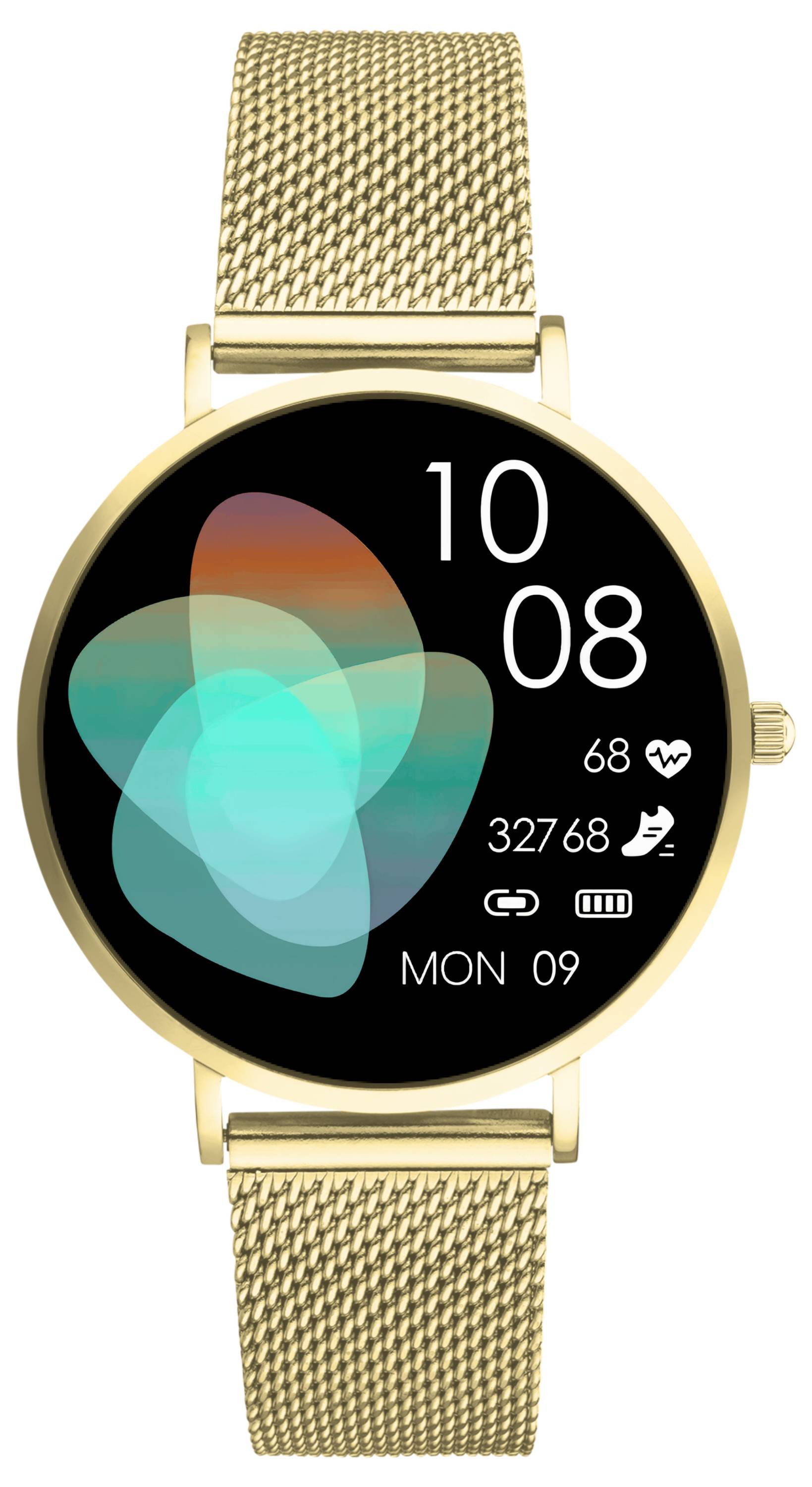 Goldene Smartwatch mit rundem Display. Zeigt Uhrzeit '10:08', Herzfrequenz, Schrittzähler bei '32768', Kalorien und Wochentag 'MON'.