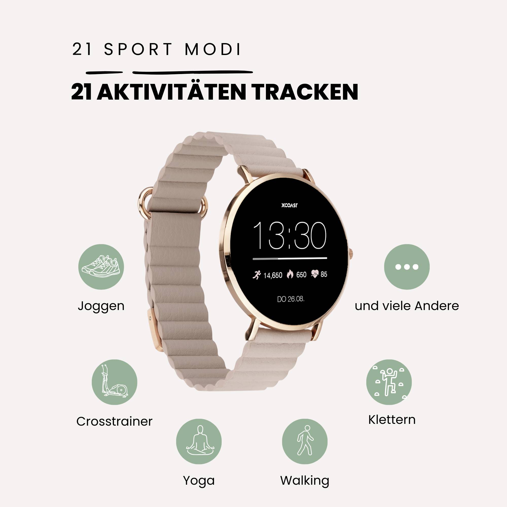 Eine Smartwatch mit rundem Display zeigt die Uhrzeit. Darunter Symbole von Aktivitäten wie Joggen, Crosstrainer, Yoga, Walking und Klettern.